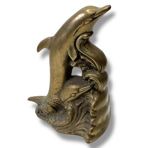 Vintage Single Brass Dolphin & Calf Riding Waves Bookend Warm Patina 7.5" Tall